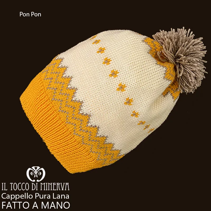 Cappello pura lana Pon Pon tortora arancione - Fatto a Mano