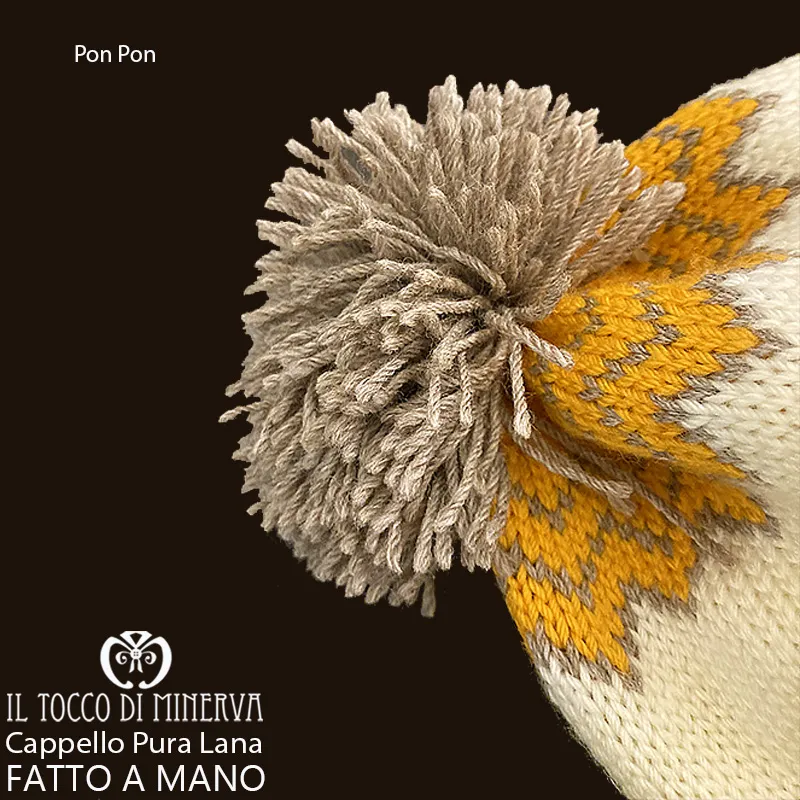 Cappello pura lana Pon Pon tortora arancione - Fatto a Mano
