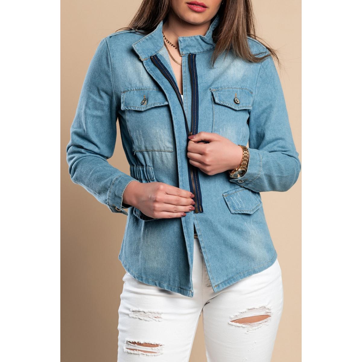 Giacca in denim alla moda con maniche lunghe, spacchi e cerniera  Pembi, azzurro