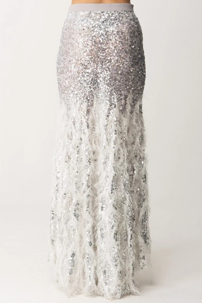 Gonna a sirena con paillettes e piumette Argento